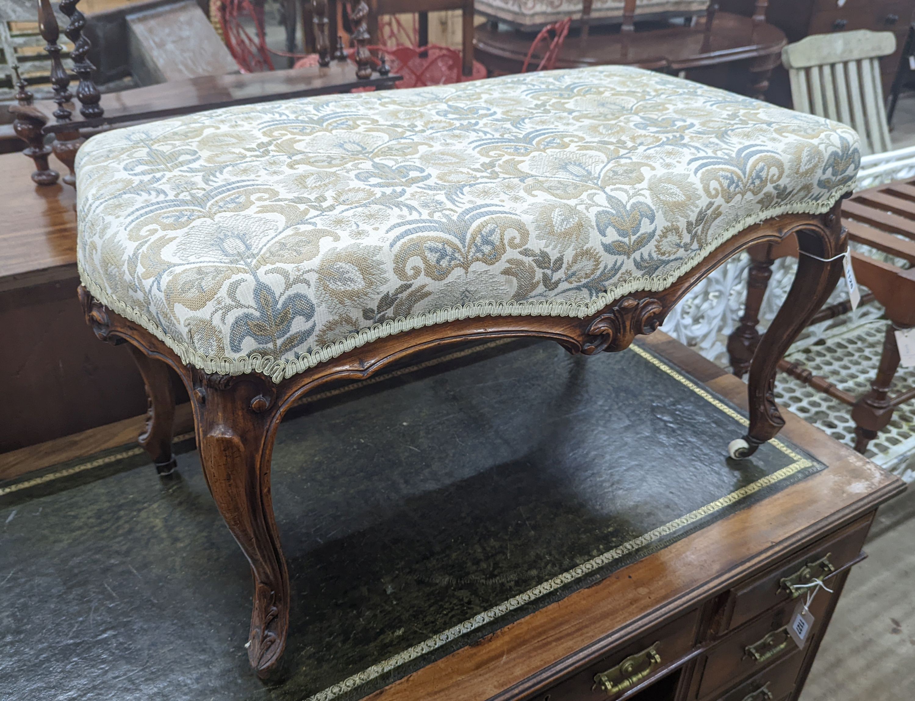 A Victorian rectangular walnut cabriole leg dressing stool, length 80cm, depth 45cm, height 46cm